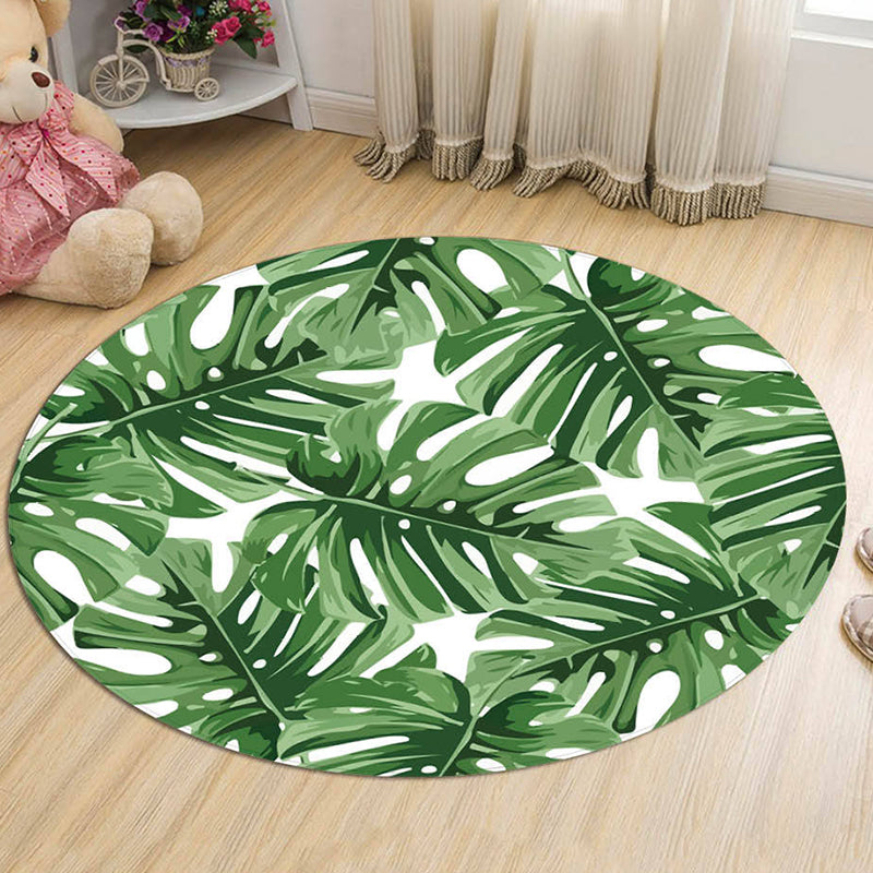 Round Green Tone Tropical Indoor Rug Polyester Leaves Print Rug Non-Slip Backing Indoor Rug for Living Room