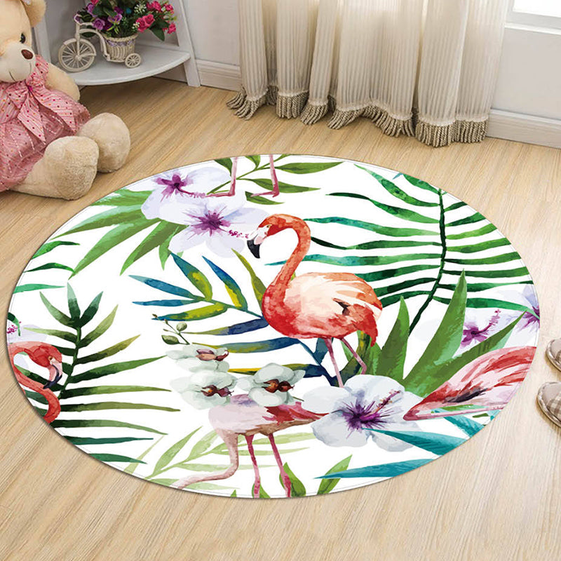 Round Green Tone Tropical Indoor Rug Polyester Leaves Print Rug Non-Slip Backing Indoor Rug for Living Room