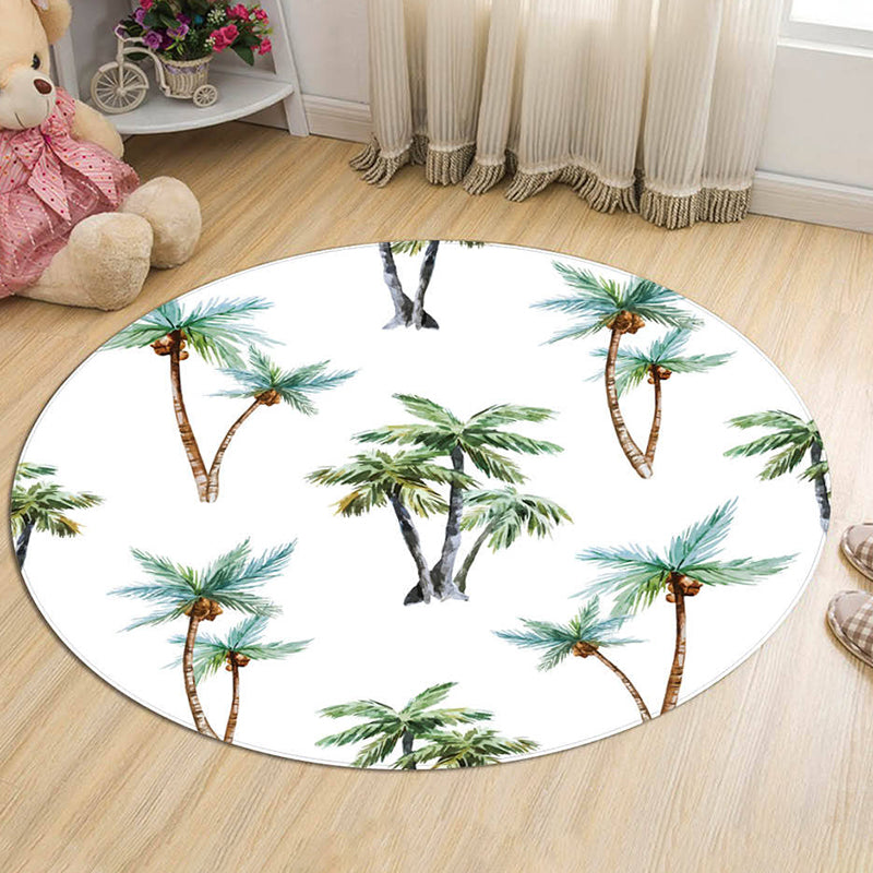 Round Green Tone Tropical Indoor Rug Polyester Leaves Print Rug Non-Slip Backing Indoor Rug for Living Room