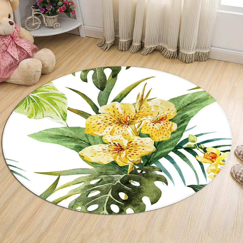 Round Green Tone Tropical Indoor Rug Polyester Leaves Print Rug Non-Slip Backing Indoor Rug for Living Room
