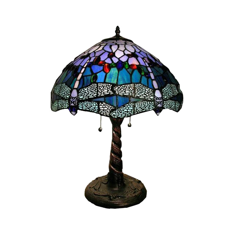 Mediterranean Dragonfly Nightstand Light 1 Light Stained Glass Table Lamp in Bronze for Bedroom