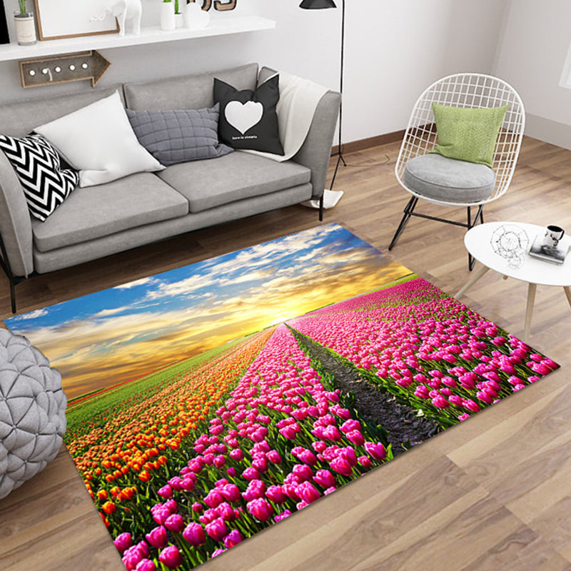 Green Tone Plant Print Rug Polyester Modern Anti-Slip Backing Indoor Rug for Living Room