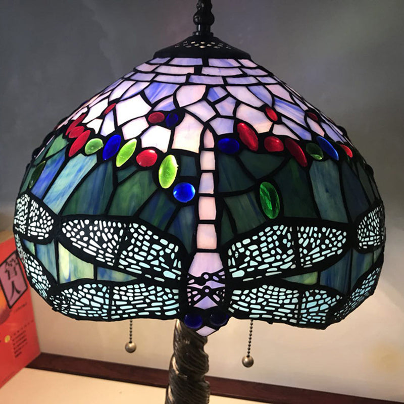 Mediterranean Dragonfly Nightstand Light 1 Light Stained Glass Table Lamp in Bronze for Bedroom