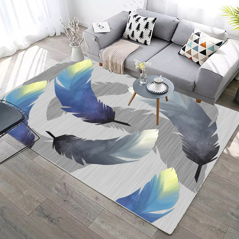 Decorative Rectangle Rug with Feather Pattern Stylish Contemporary Rug Polyester Washable Carpet for Home Decor
