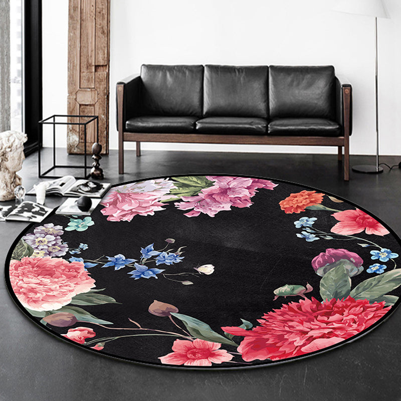 Round Flower Print Indoor Rug Contemporary High-end Carpet Polyester Anti-Slip Backing Carpet for Living Room