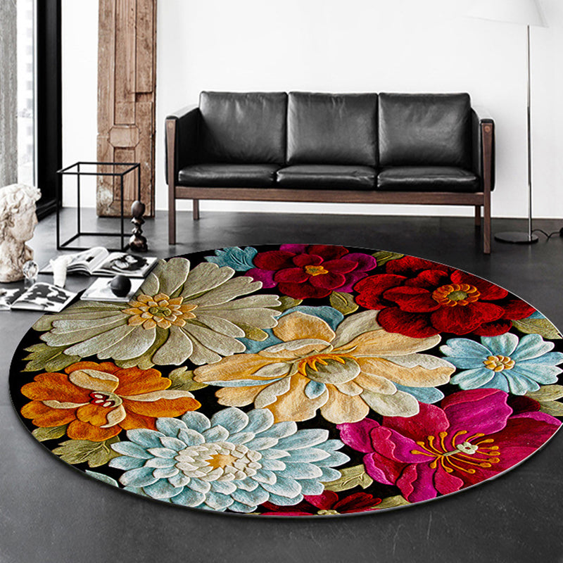 Round Flower Print Indoor Rug Contemporary High-end Carpet Polyester Anti-Slip Backing Carpet for Living Room
