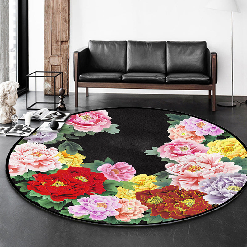 Round Flower Print Indoor Rug Contemporary High-end Carpet Polyester Anti-Slip Backing Carpet for Living Room