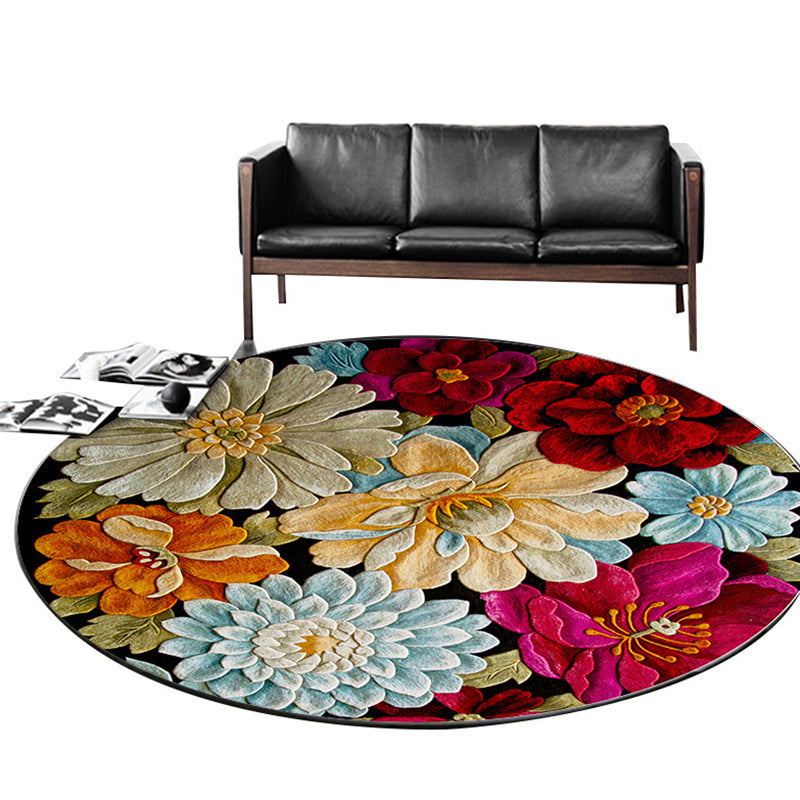 Round Flower Print Indoor Rug Contemporary High-end Carpet Polyester Anti-Slip Backing Carpet for Living Room