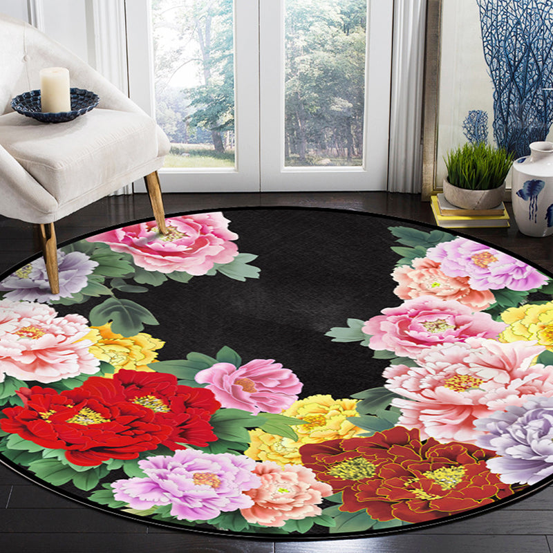 Multicolored Flower Pattern Indoor Rug Modern Aesthetic Polyester Rug Round Stain Resistant Carpet for Living Room