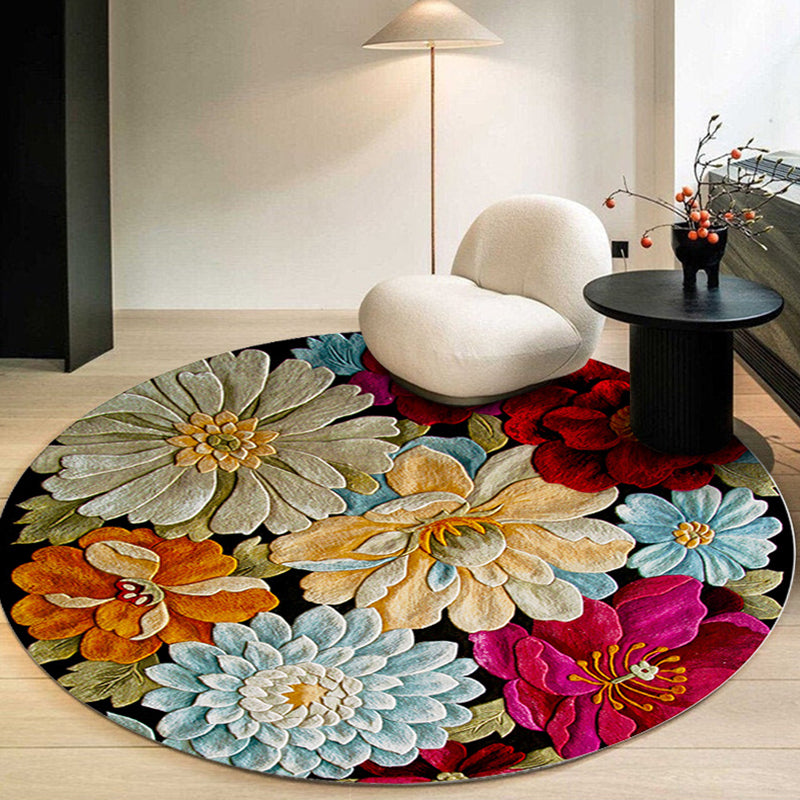 Multicolored Flower Pattern Indoor Rug Modern Aesthetic Polyester Rug Round Stain Resistant Carpet for Living Room