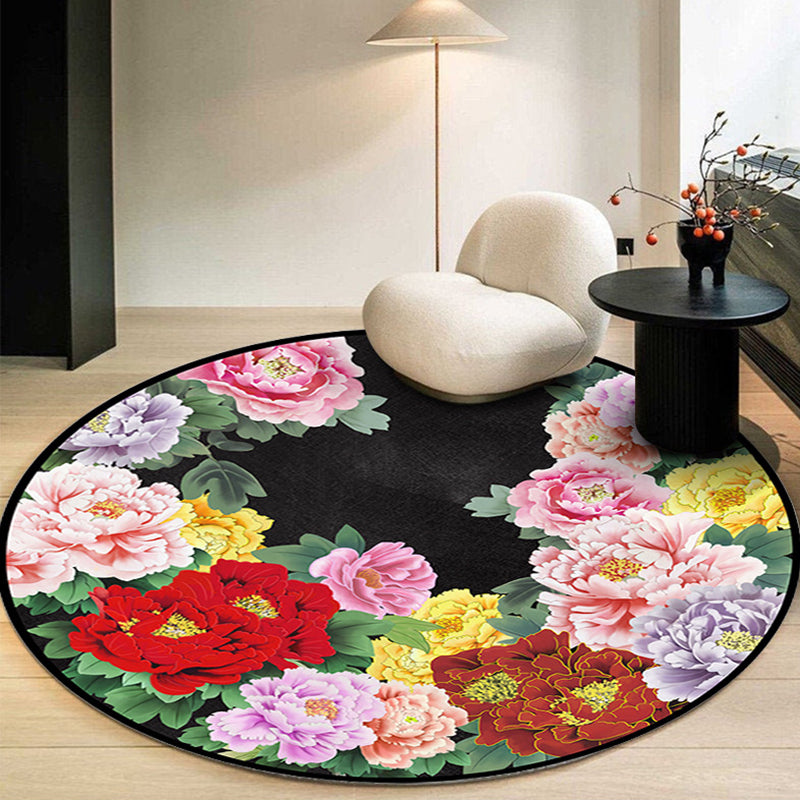Multicolored Flower Pattern Indoor Rug Modern Aesthetic Polyester Rug Round Stain Resistant Carpet for Living Room