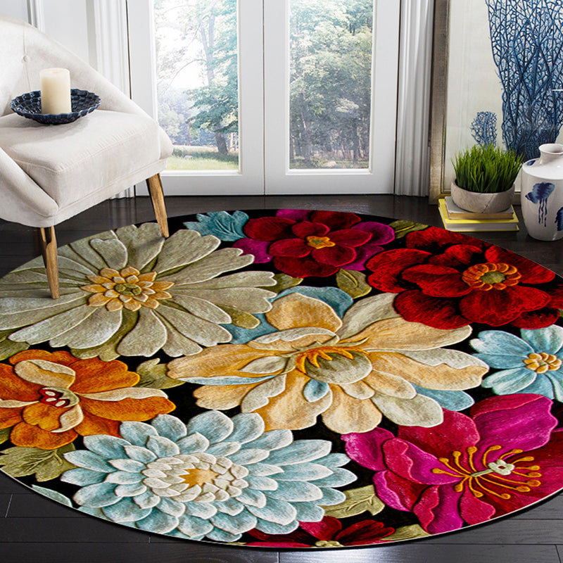 Multicolored Flower Pattern Indoor Rug Modern Aesthetic Polyester Rug Round Stain Resistant Carpet for Living Room