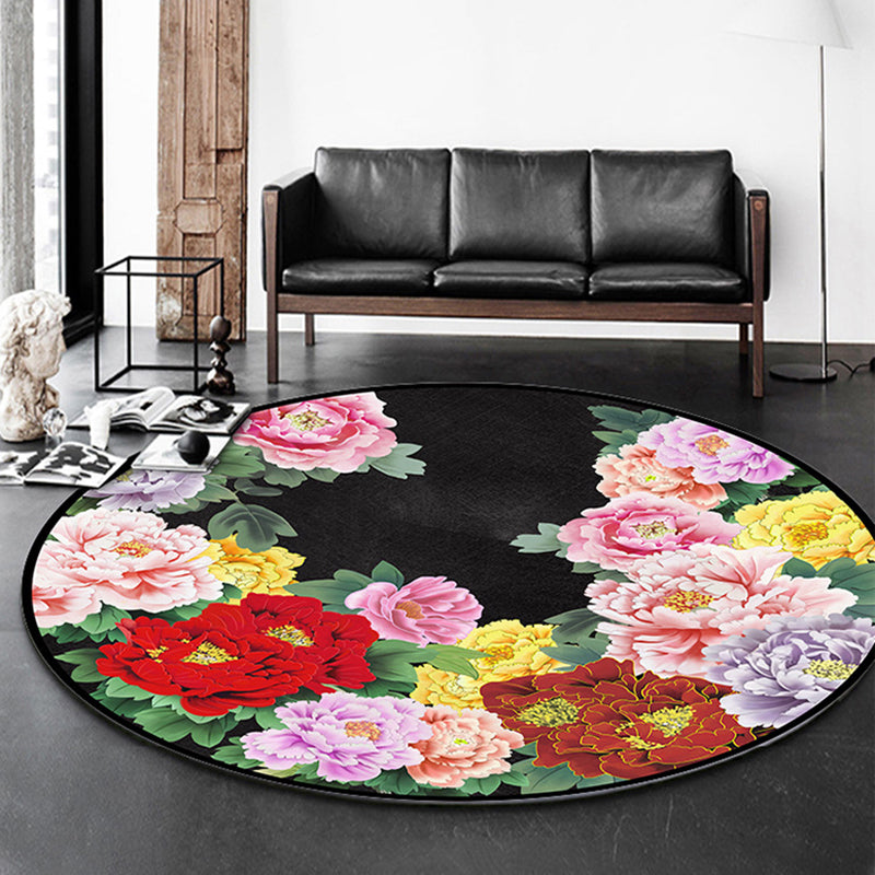 Multicolored Flower Pattern Indoor Rug Modern Aesthetic Polyester Rug Round Stain Resistant Carpet for Living Room