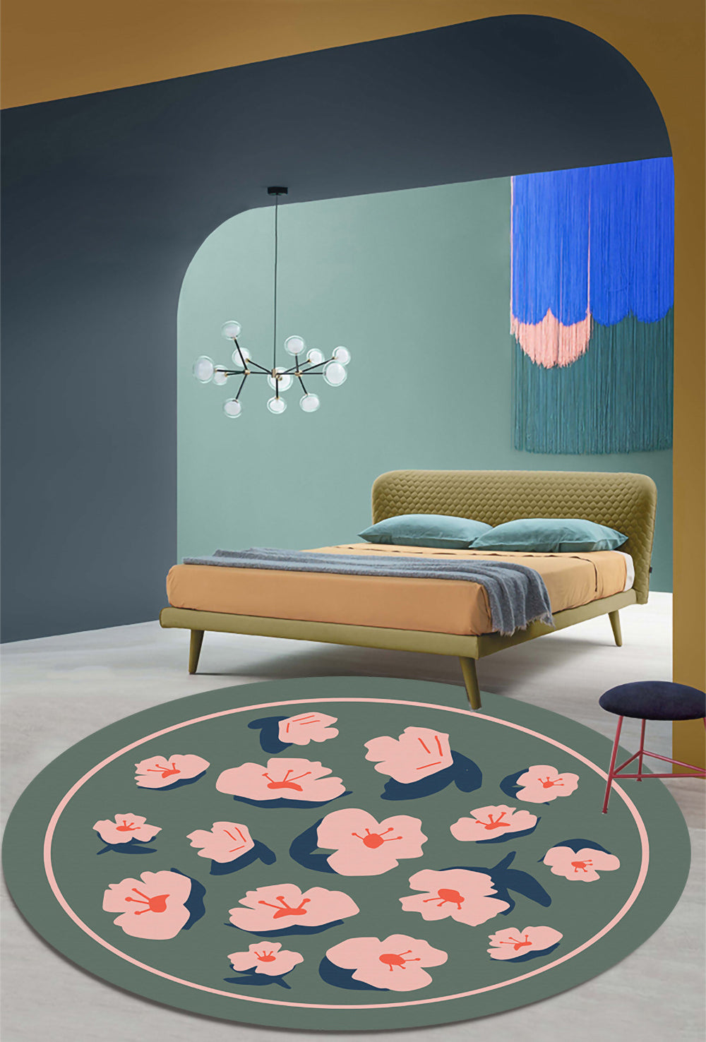 Fresh Modern Round Rug Simplicity Floral Print Rug Polyester Non-Slip Backing Rug for Home Decor