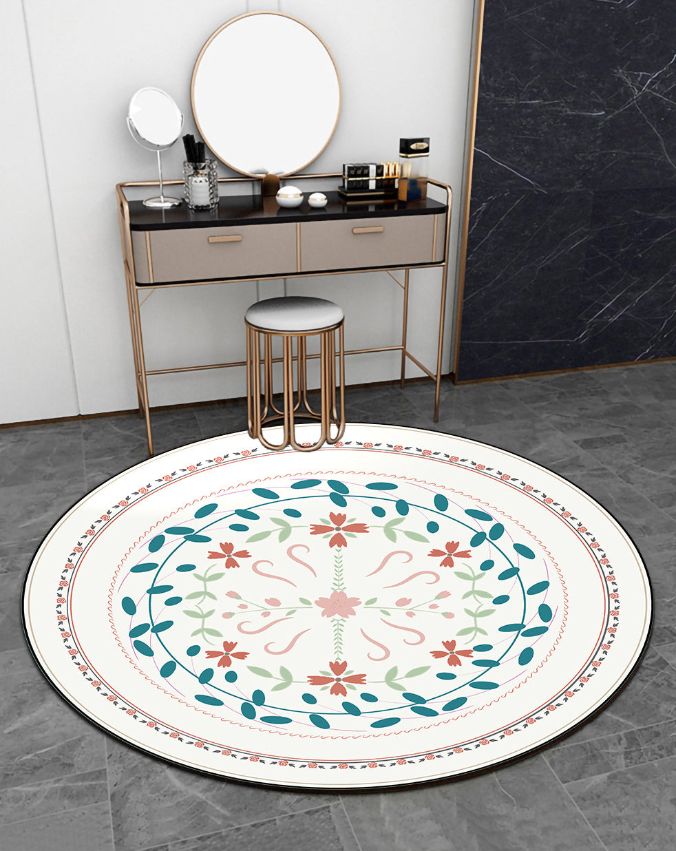 Fresh Modern Round Rug Simplicity Floral Print Rug Polyester Non-Slip Backing Rug for Home Decor