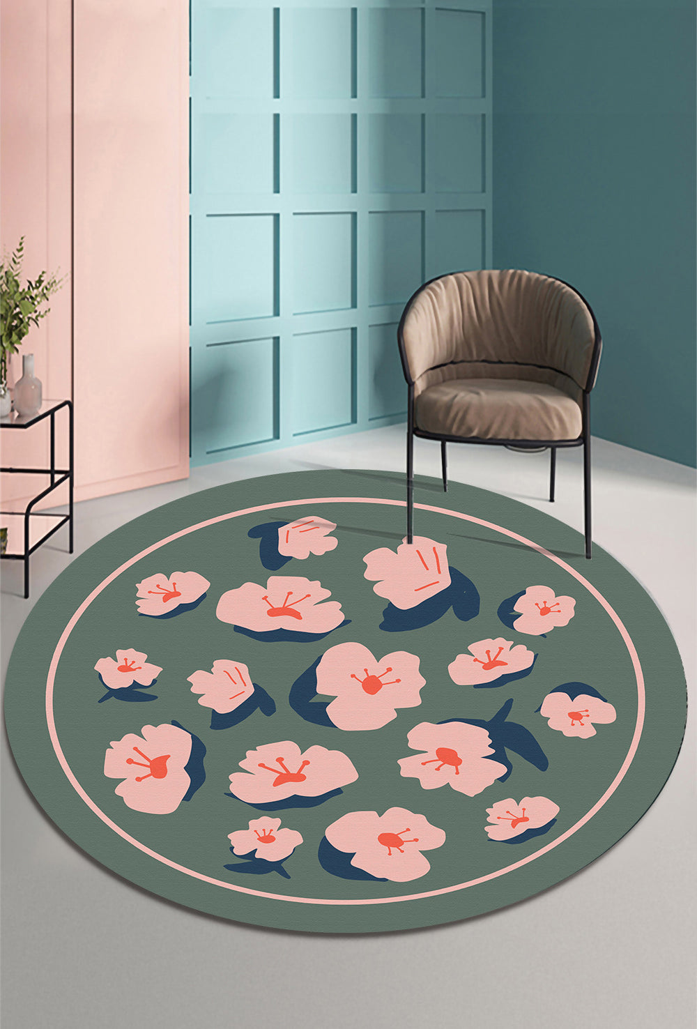 Fresh Modern Round Rug Simplicity Floral Print Rug Polyester Non-Slip Backing Rug for Home Decor