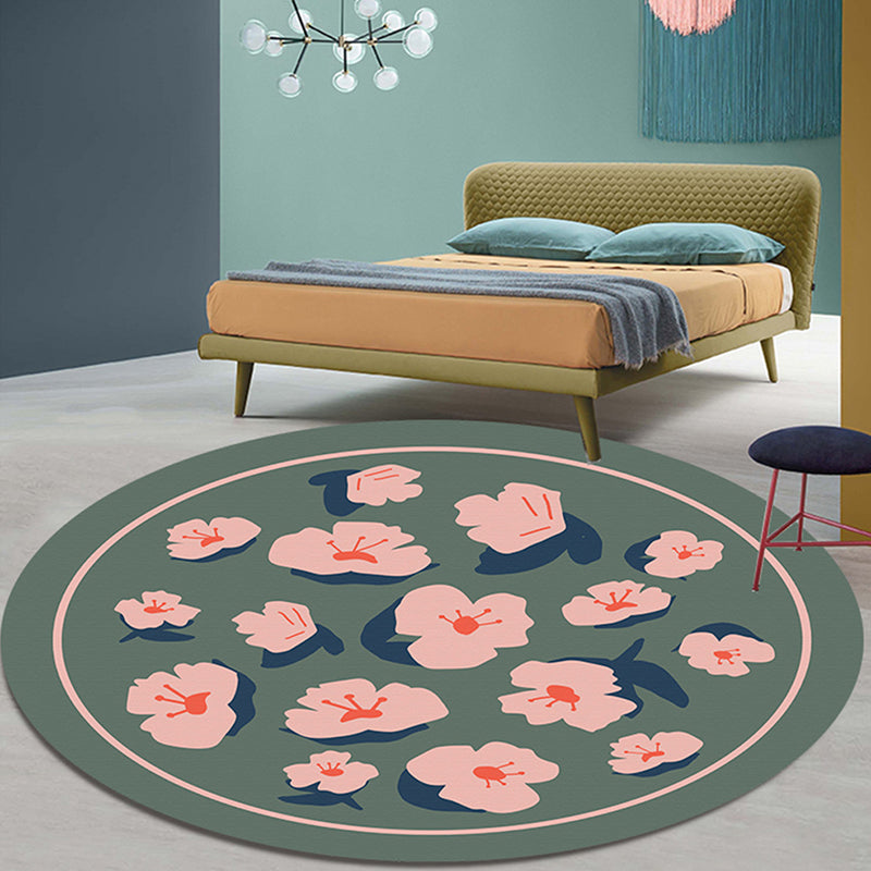 Fresh Modern Round Rug Simplicity Floral Print Rug Polyester Non-Slip Backing Rug for Home Decor