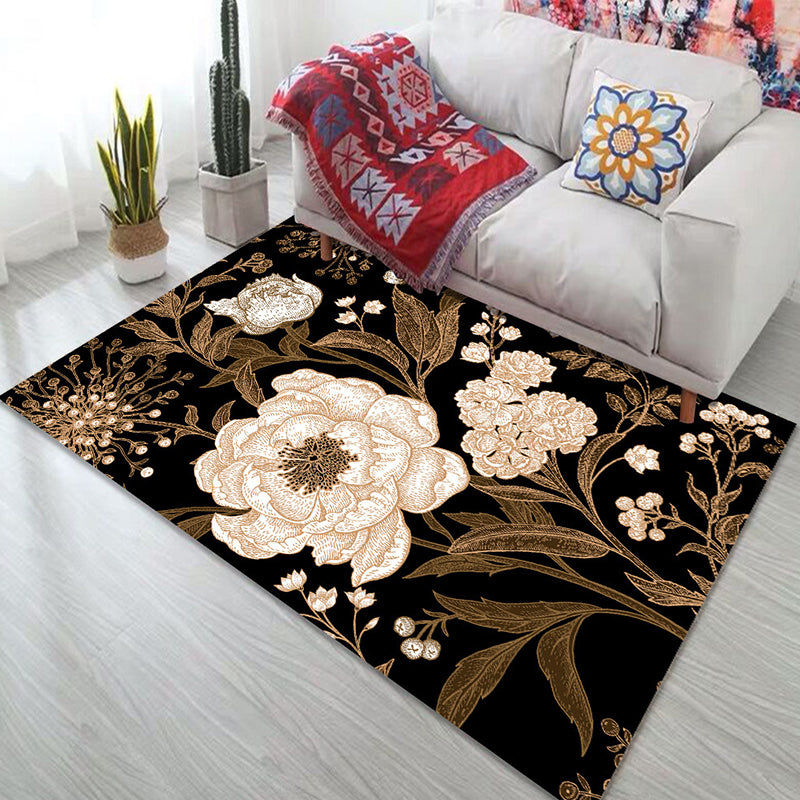 Dunkelfarbener, mit Blumenmuster bedruckter Teppich, moderner, wunderschöner Teppich für den Innenbereich, schmutzabweisender Polyester-Teppich für das Wohnzimmer