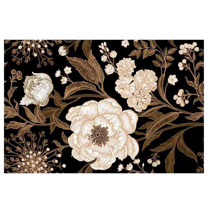 Dark Colored Floral Printed Rug Modern Gorgeous Indoor Carpet Polyester Stain Resistant Rug for Living Room