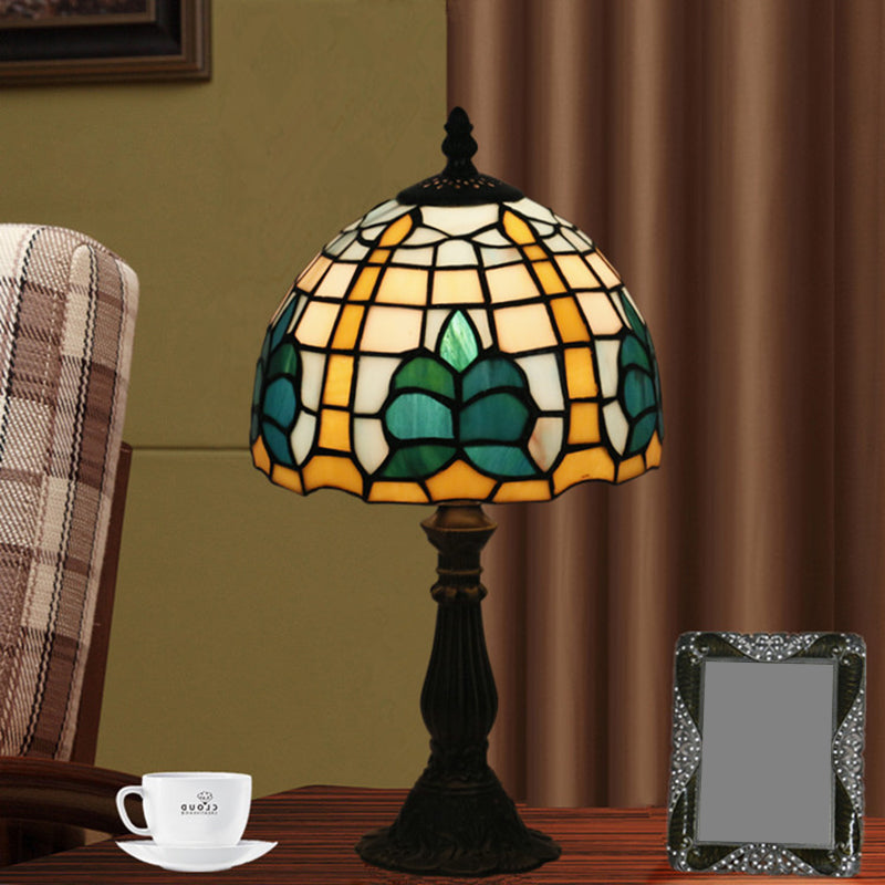 1 Light Bedside Nightstand Light Mediterranean Blue Night Table Lamp with Dome Stained Glass Shade