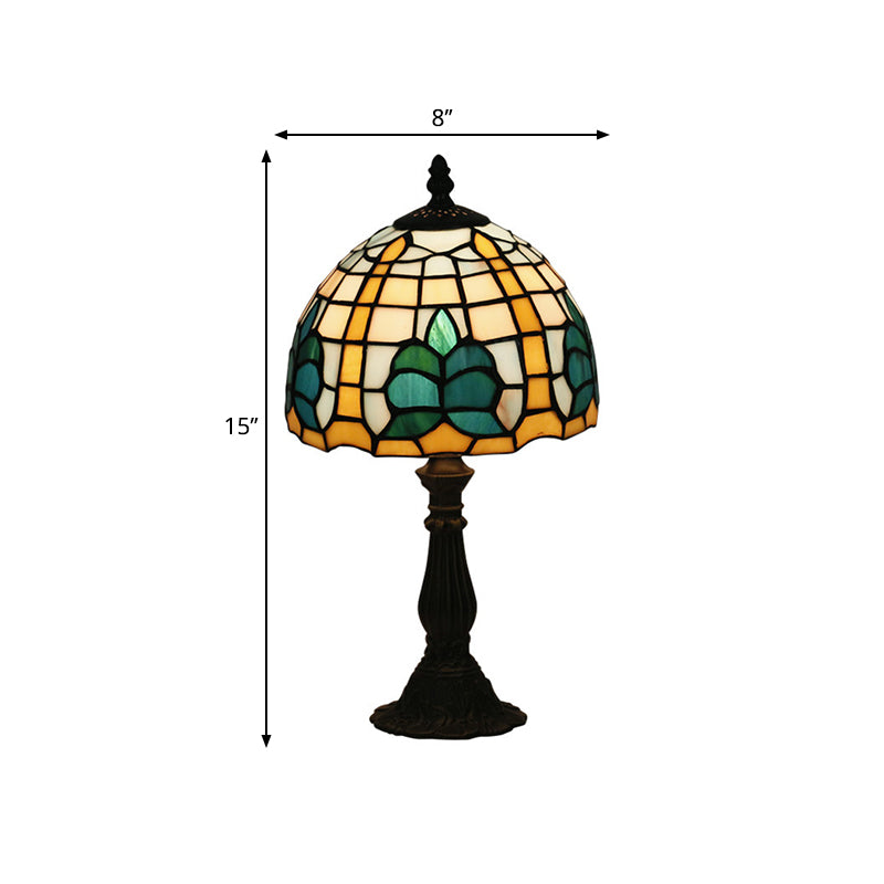 1 Light Bedside Nightstand Light Mediterranean Blue Night Table Lamp with Dome Stained Glass Shade