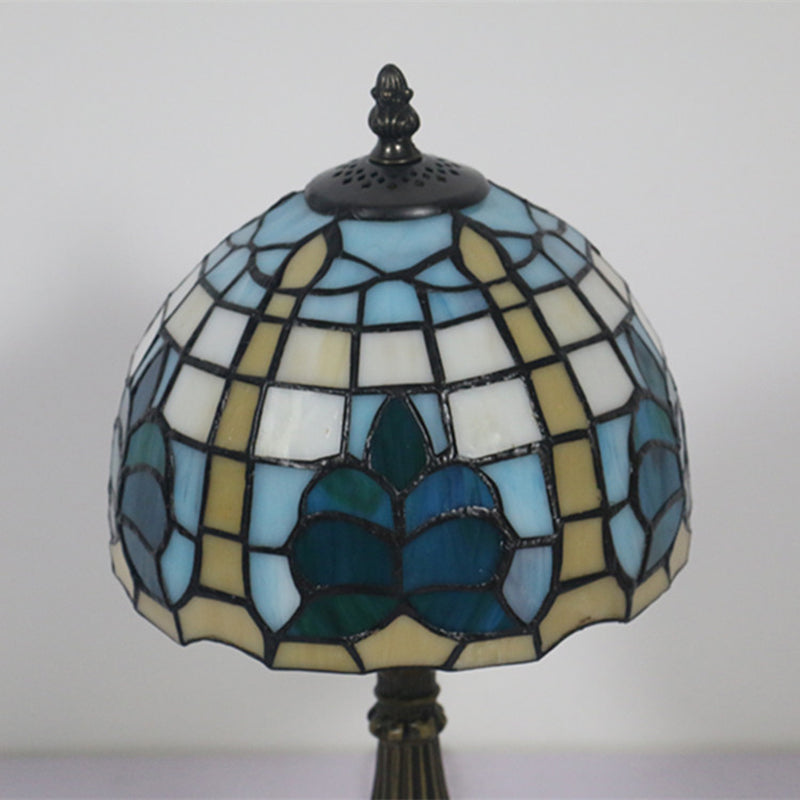 1 Light Bedside Nightstand Light Mediterranean Blue Night Table Lamp with Dome Stained Glass Shade