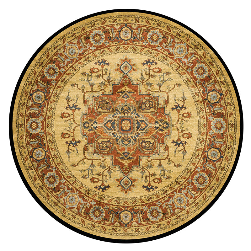 Tono amarillo redondo Rug tradicional Polyéster Floral Impresión Floral Alfombra sin deslizamiento Rug para sala de estar para sala de estar