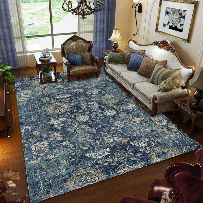 Blue Tone Distressed Area Carpet Polyester Floral Printed Indoor Rug Anti-Slip Backing Carpet for Living Room