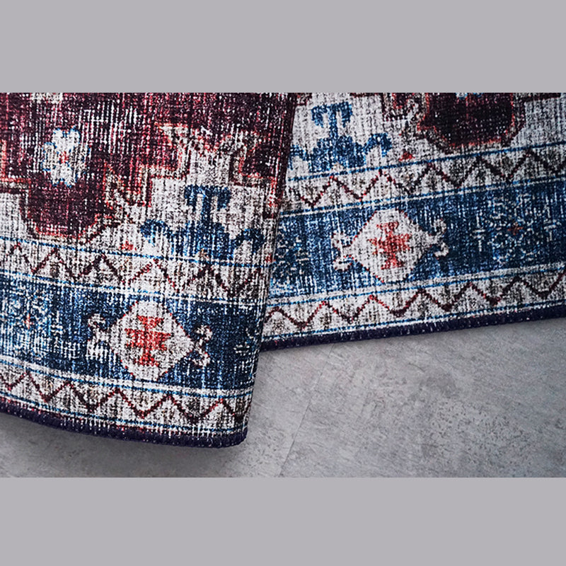 Blue Tone Distressed Area Carpet Polyester Floral Printed Indoor Rug Anti-Slip Backing Carpet for Living Room
