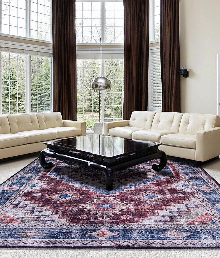 Blue Tone Distressed Area Carpet Polyester Floral Printed Indoor Rug Anti-Slip Backing Carpet for Living Room