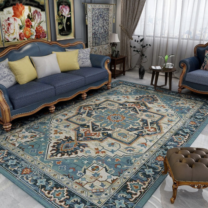 Elegant Blue Tone Nostalgia Carpet Polyester Medallion Indoor Rug Stain Resistant Rug for Home Decor