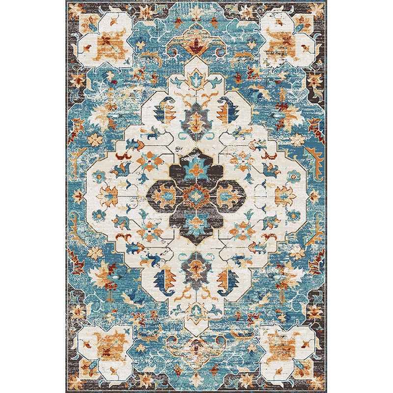 Elegant Blue Tone Nostalgia Carpet Polyester Medallion Indoor Rug Stain Resistant Rug for Home Decor