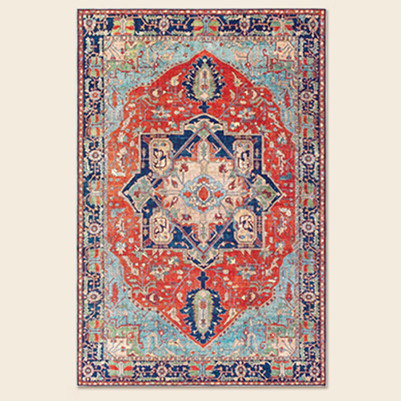 Elegant Red Tone Distressed Carpet Polyester Medallion Indoor Rug Stain Resistant Rug for Home Decoration