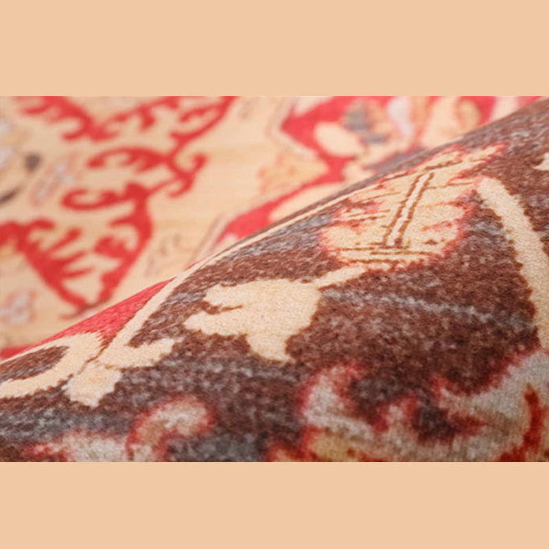 Elegant Red Tone Antique Carpet Polyester Medallion Indoor Rug Stain Resistant Rug for Living Room