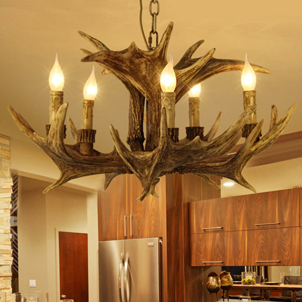 Rustic Faux Antler Ceiling Chandelier 5 Heads Resin Hanging Pendant Light in Brown for Living Room