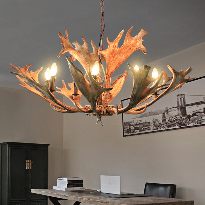 Rustic Deer Antler Ceiling Chandelier 8 Heads Resin Suspension Pendant Light in Brown for Restaurant