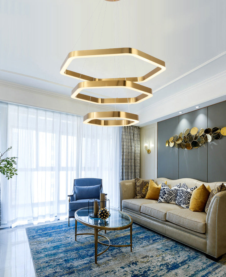 Luce a sospensione a LED geometrica oro nella luce del soffitto in acciaio inossidabile in stile moderno per lobby