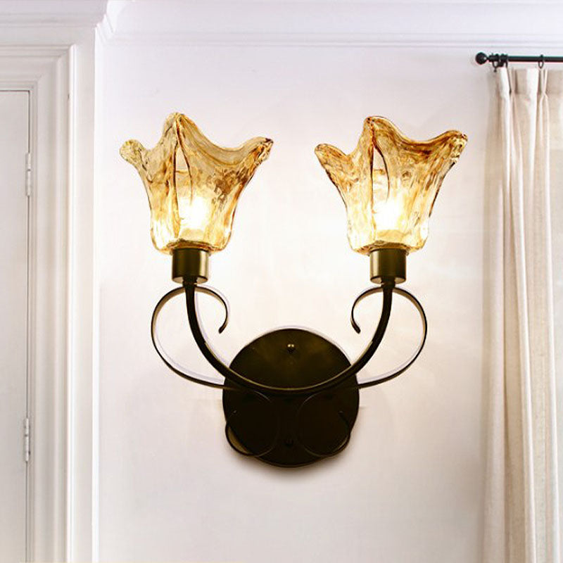 Rustic Bell Wall Sconce Lighting 2 Bulbs Amber Handblown Glass Wall Light in Black for Living Room
