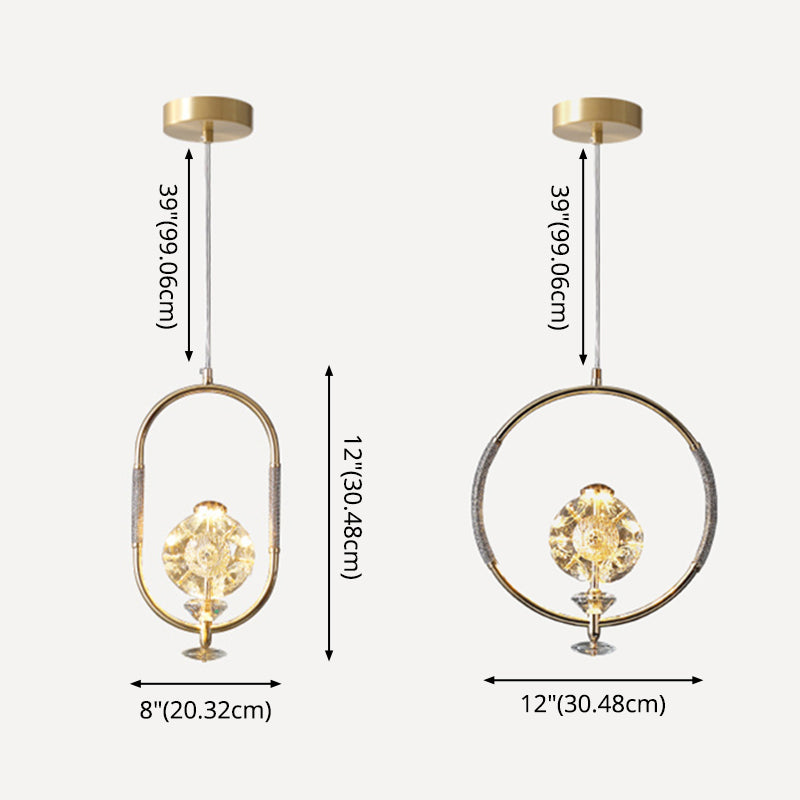 Messing Finish Loop Anhänger Beleuchtung Minimalistische Metall -LED -Deckenhängung mit Kristallperle