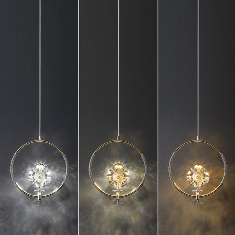 Messing Finish Loop Anhänger Beleuchtung Minimalistische Metall -LED -Deckenhängung mit Kristallperle