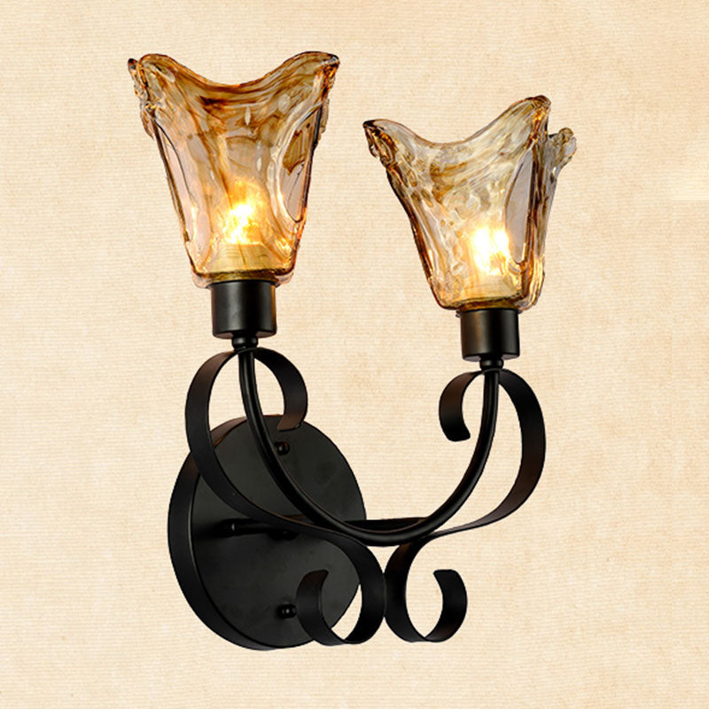 Rustic Bell Wall Sconce Lighting 2 Bulbs Amber Handblown Glass Wall Light in Black for Living Room