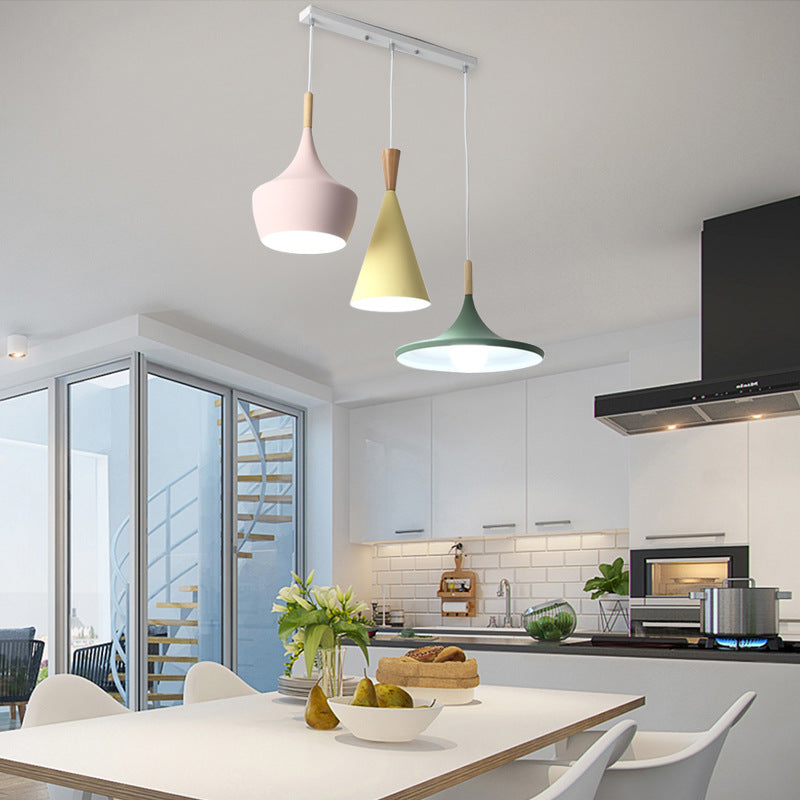 Pink-Yellow-Green Shaded Pendant Lamp Macaron 3-Light Metal Multiple Hanging Light for Dining Room