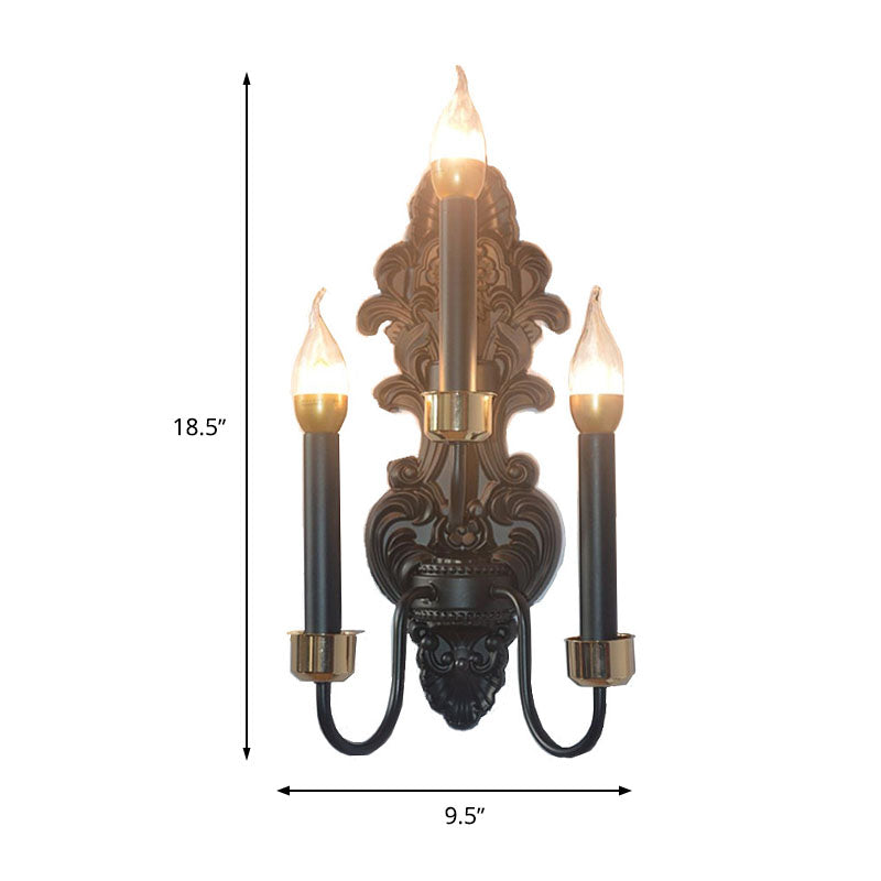 3 Bulbs Metal Wall Mount Lighting Rural Black Candle Living Room Flush Wall Sconce