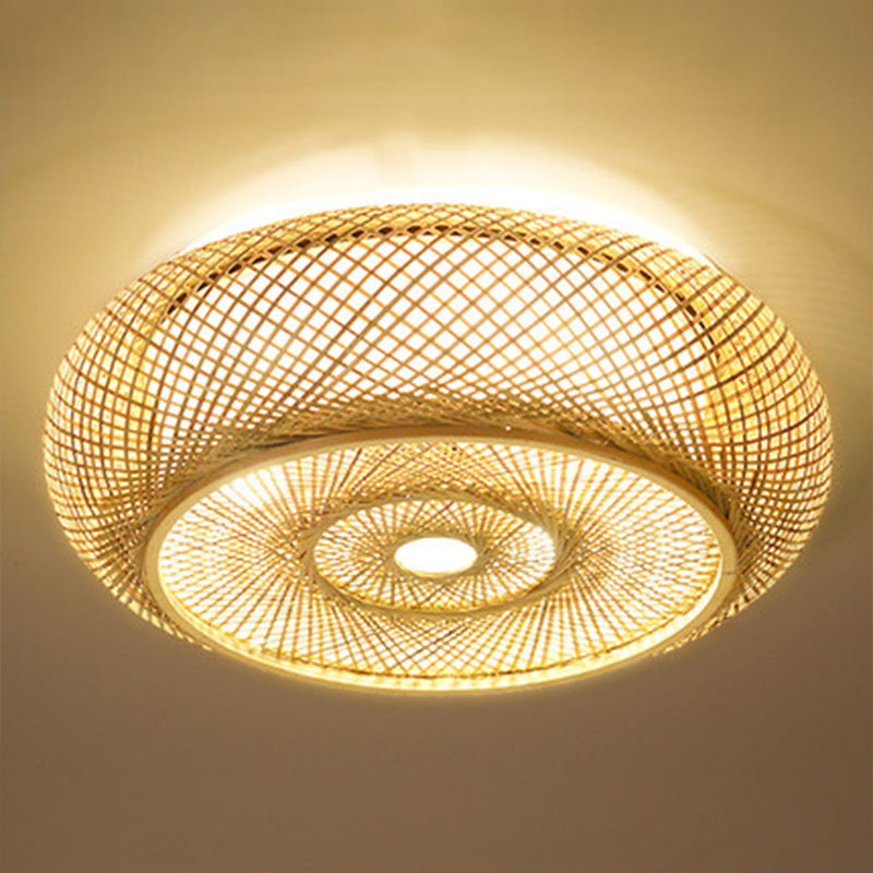 Japanese Style Bamboo Flush Mount Drum Shape Beige Flush Mount Ceiling Fixture for Living Room