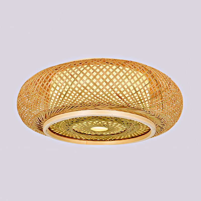 Japanese Style Bamboo Flush Mount Drum Shape Beige Flush Mount Ceiling Fixture for Living Room