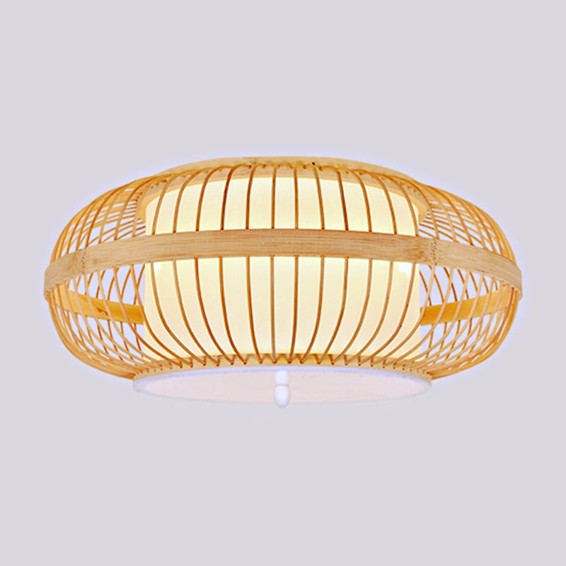 Japanese Style Bamboo Flush Mount Drum Shape Beige Flush Mount Ceiling Fixture for Living Room