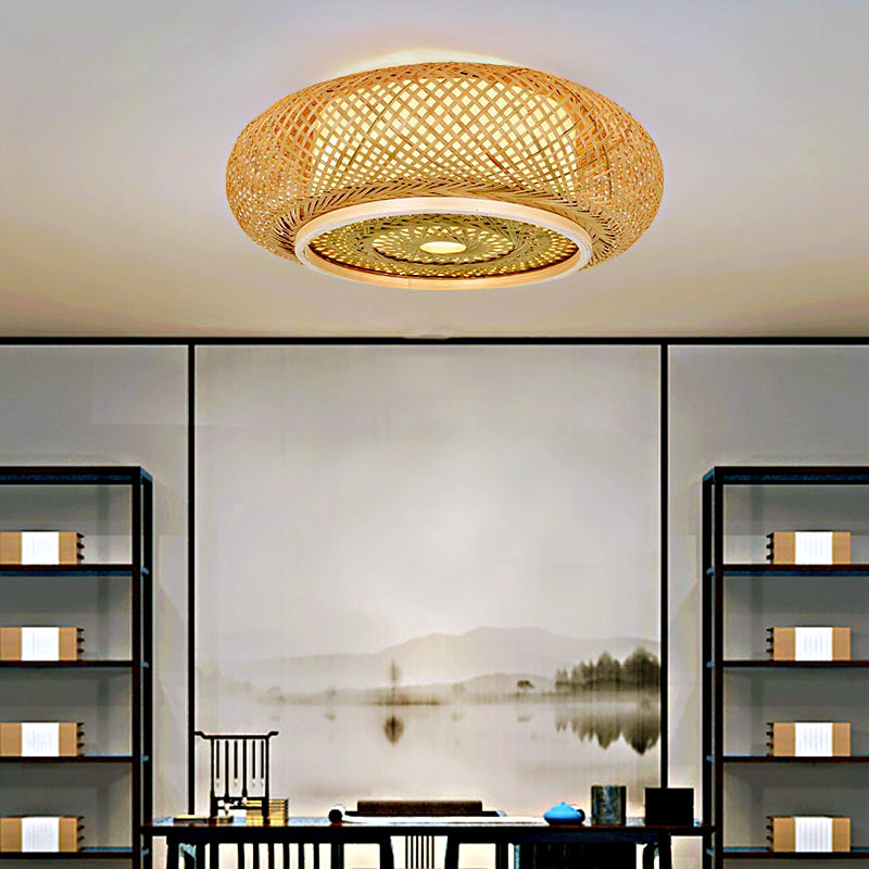 Japanese Style Bamboo Flush Mount Drum Shape Beige Flush Mount Ceiling Fixture for Living Room