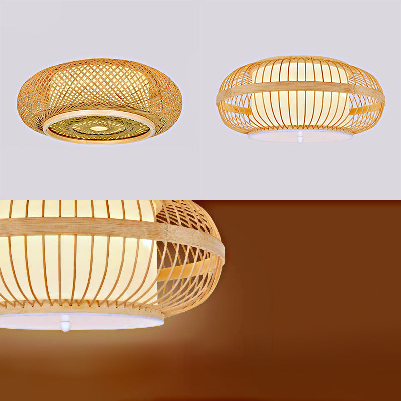 Japanese Style Bamboo Flush Mount Drum Shape Beige Flush Mount Ceiling Fixture for Living Room