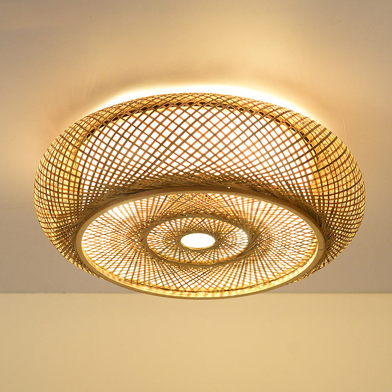 Wooden Circular Ceiling Light in Asian Simplicity Weave Bamboo Flush Mount for Corridor