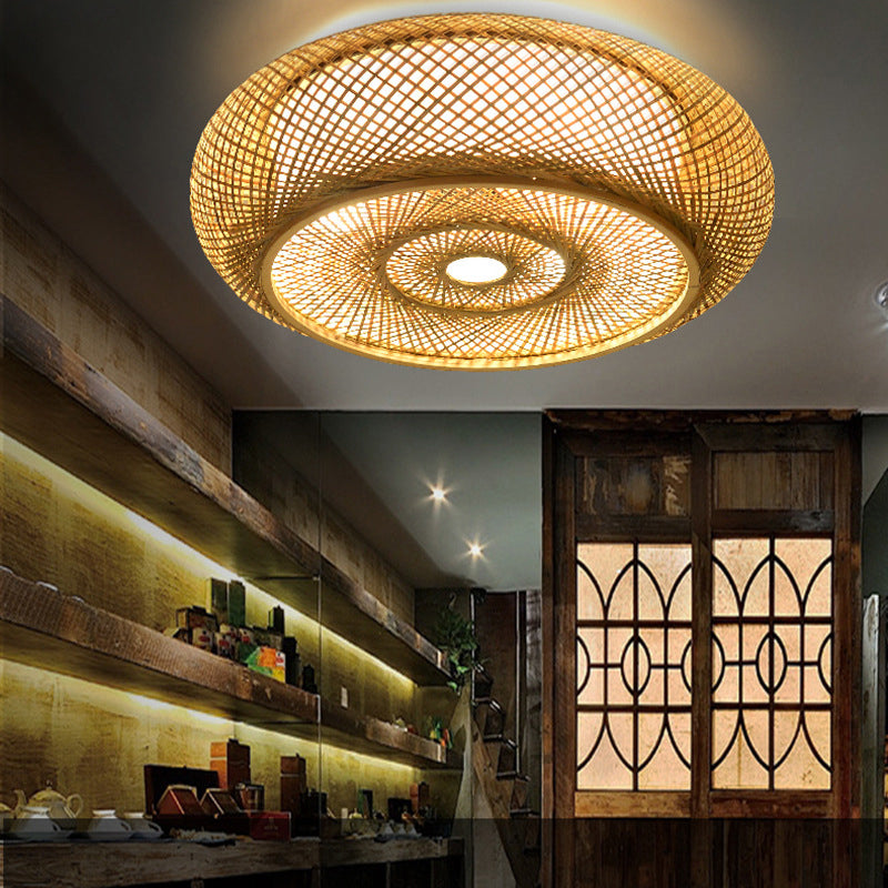 Wooden Circular Ceiling Light in Asian Simplicity Weave Bamboo Flush Mount for Corridor